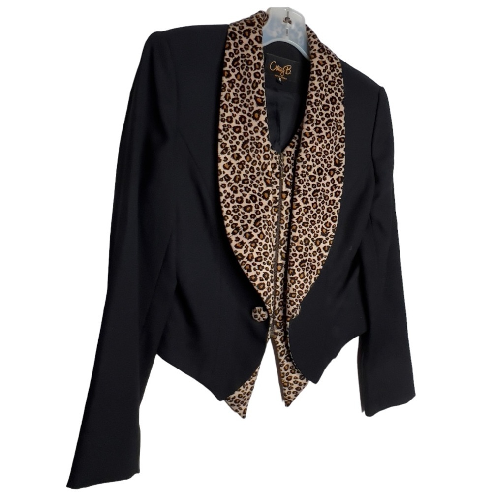 Vintage Corey B New York‎ Black Jacket with Animal Print Trim